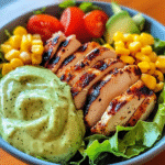 Spicy Grilled Chicken with Avocado Salad & Garlic Rice